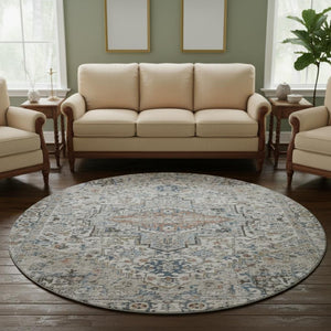 HomeRoots 8' Ivory and Blue Oriental Round Rug - Washable, UV-Protected, Soft, Stylish for Any Home Decor 700736