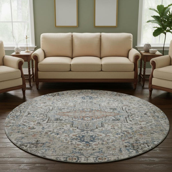 HomeRoots 8' Ivory and Blue Oriental Round Rug - Washable, UV-Protected, Soft, Stylish for Any Home Decor 700736