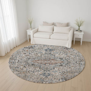 HomeRoots 8' Ivory and Blue Oriental Round Rug - Washable, UV-Protected, Soft, Stylish for Any Home Decor 700736