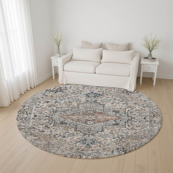 HomeRoots 8' Ivory and Blue Oriental Round Rug - Washable, UV-Protected, Soft, Stylish for Any Home Decor 700736