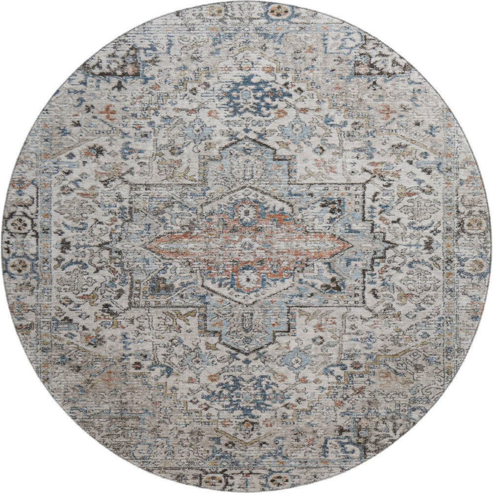 HomeRoots 8' Ivory and Blue Oriental Round Rug - Washable, UV-Protected, Soft, Stylish for Any Home Decor 700736