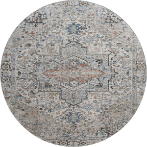 HomeRoots 8' Ivory and Blue Oriental Round Rug - Washable, UV-Protected, Soft, Stylish for Any Home Decor 700736