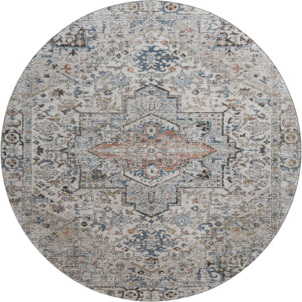 HomeRoots 8' Ivory and Blue Oriental Round Rug - Washable, UV-Protected, Soft, Stylish for Any Home Decor 700736
