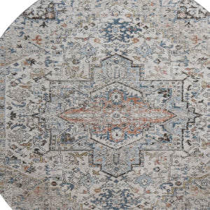 HomeRoots 8' Ivory and Blue Oriental Round Rug - Washable, UV-Protected, Soft, Stylish for Any Home Decor 700736