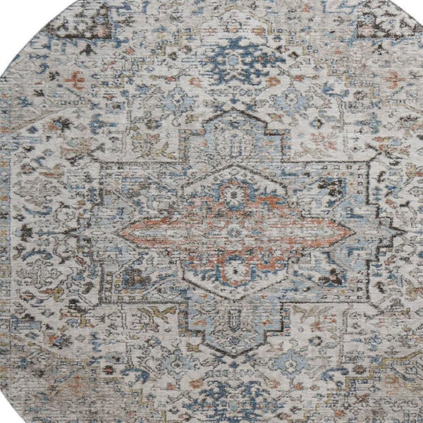 HomeRoots 8' Ivory and Blue Oriental Round Rug - Washable, UV-Protected, Soft, Stylish for Any Home Decor 700736
