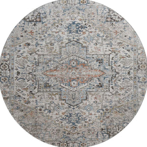 HomeRoots 8' Ivory and Blue Oriental Round Rug - Washable, UV-Protected, Soft, Stylish for Any Home Decor 700736