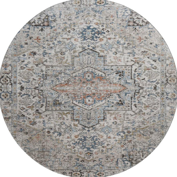 HomeRoots 8' Ivory and Blue Oriental Round Rug - Washable, UV-Protected, Soft, Stylish for Any Home Decor 700736