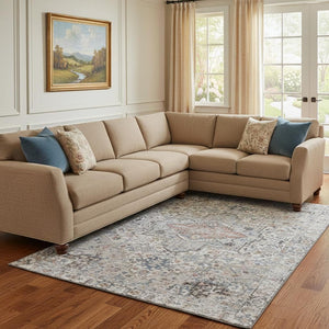 HomeRoots 8' X 10' Ivory and Blue Oriental Area Rug - Washable, UV Protected, Durable Design for Busy Homes 700737