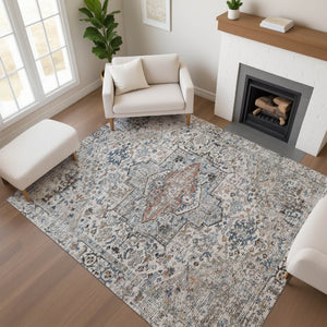 HomeRoots 8' X 10' Ivory and Blue Oriental Area Rug - Washable, UV Protected, Durable Design for Busy Homes 700737