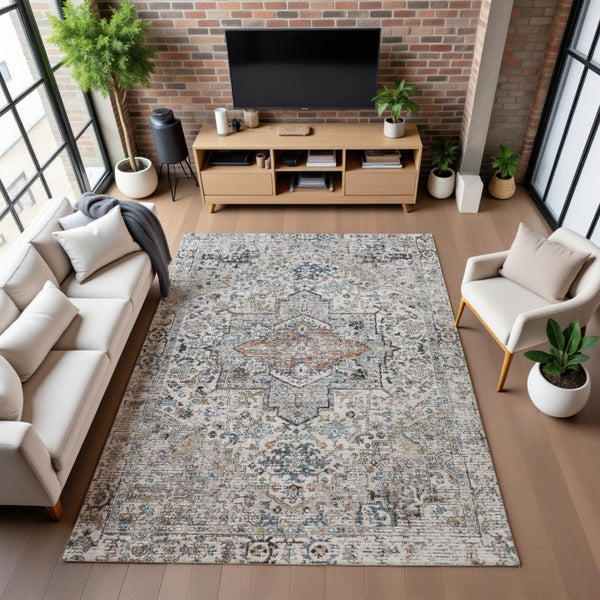 HomeRoots 8' X 10' Ivory and Blue Oriental Area Rug - Washable, UV Protected, Durable Design for Busy Homes 700737