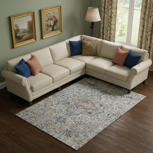 HomeRoots 9' X 12' Ivory And Blue Oriental Area Rug - Washable, UV Protected, Durable Style for Busy Homes 700738