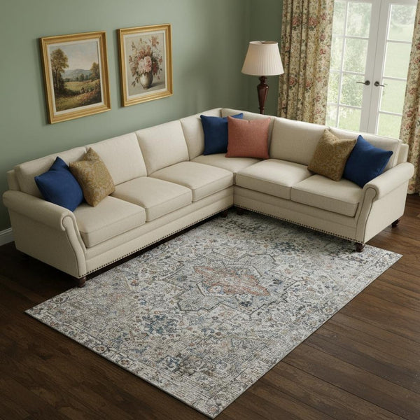 HomeRoots 10' Ivory and Blue Oriental Washable Area Rug – UV Protected, Stain-Resistant, Perfect for Families 700739