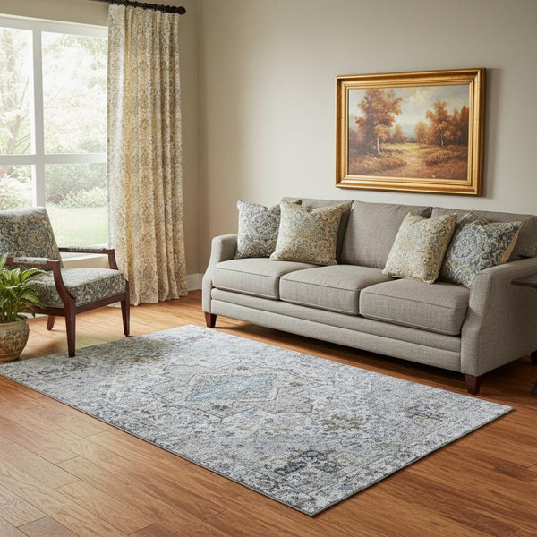 HomeRoots 5' X 8' Linen & Blue Oriental Area Rug - Washable, UV Protected, Stain Resistant for Busy Homes 700741