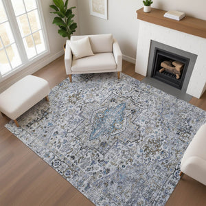 HomeRoots 5' X 8' Linen & Blue Oriental Area Rug - Washable, UV Protected, Stain Resistant for Busy Homes 700741