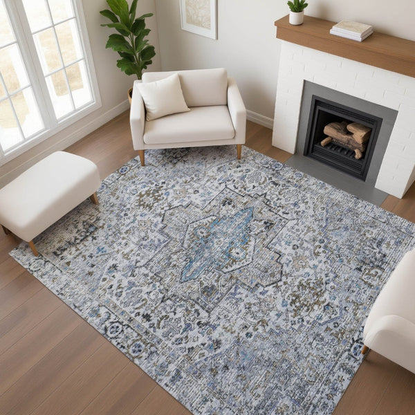 HomeRoots 5' X 8' Linen & Blue Oriental Area Rug - Washable, UV Protected, Stain Resistant for Busy Homes 700741