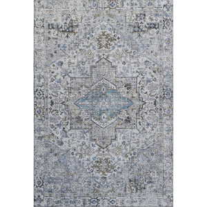 HomeRoots 5' X 8' Linen & Blue Oriental Area Rug - Washable, UV Protected, Stain Resistant for Busy Homes 700741