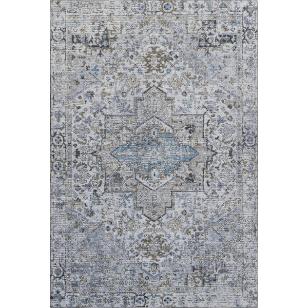 HomeRoots 5' X 8' Linen & Blue Oriental Area Rug - Washable, UV Protected, Stain Resistant for Busy Homes 700741