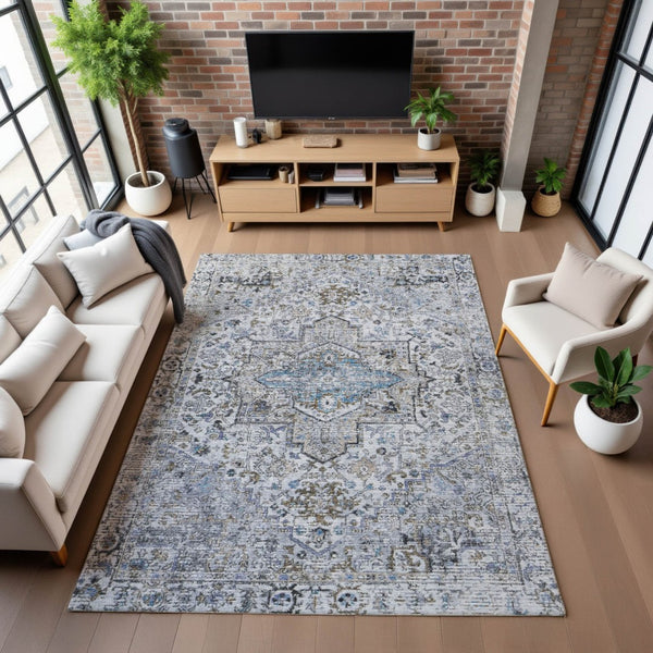 HomeRoots 5' X 8' Linen & Blue Oriental Area Rug - Washable, UV Protected, Stain Resistant for Busy Homes 700741