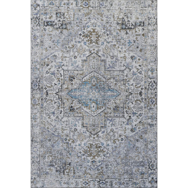 HomeRoots 5' X 8' Linen & Blue Oriental Area Rug - Washable, UV Protected, Stain Resistant for Busy Homes 700741