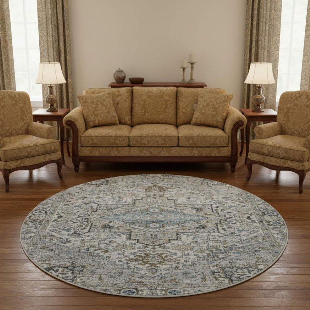 HomeRoots 8' Linen and Blue Oriental Round Rug - Washable, UV Protected, Stylish & Durable for Busy Homes 700742