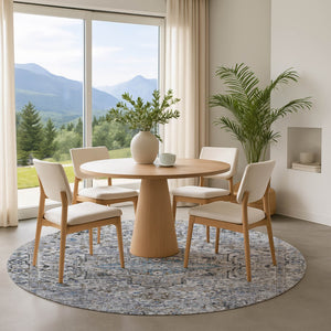 HomeRoots 8' Linen and Blue Oriental Round Rug - Washable, UV Protected, Stylish & Durable for Busy Homes 700742