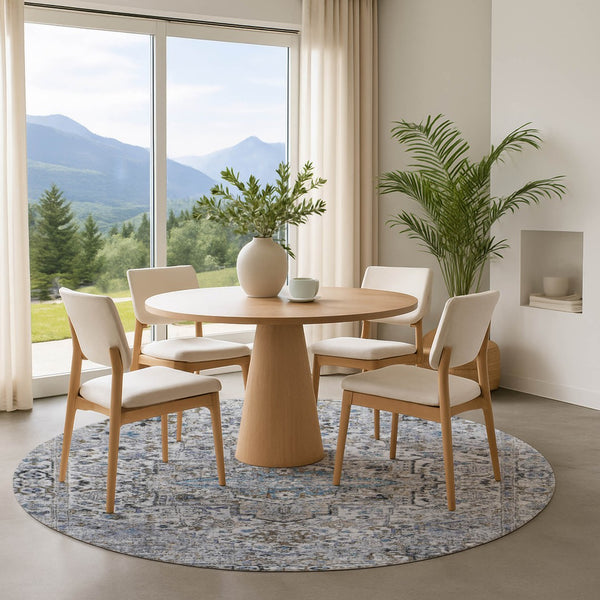 HomeRoots 8' Linen and Blue Oriental Round Rug - Washable, UV Protected, Stylish & Durable for Busy Homes 700742