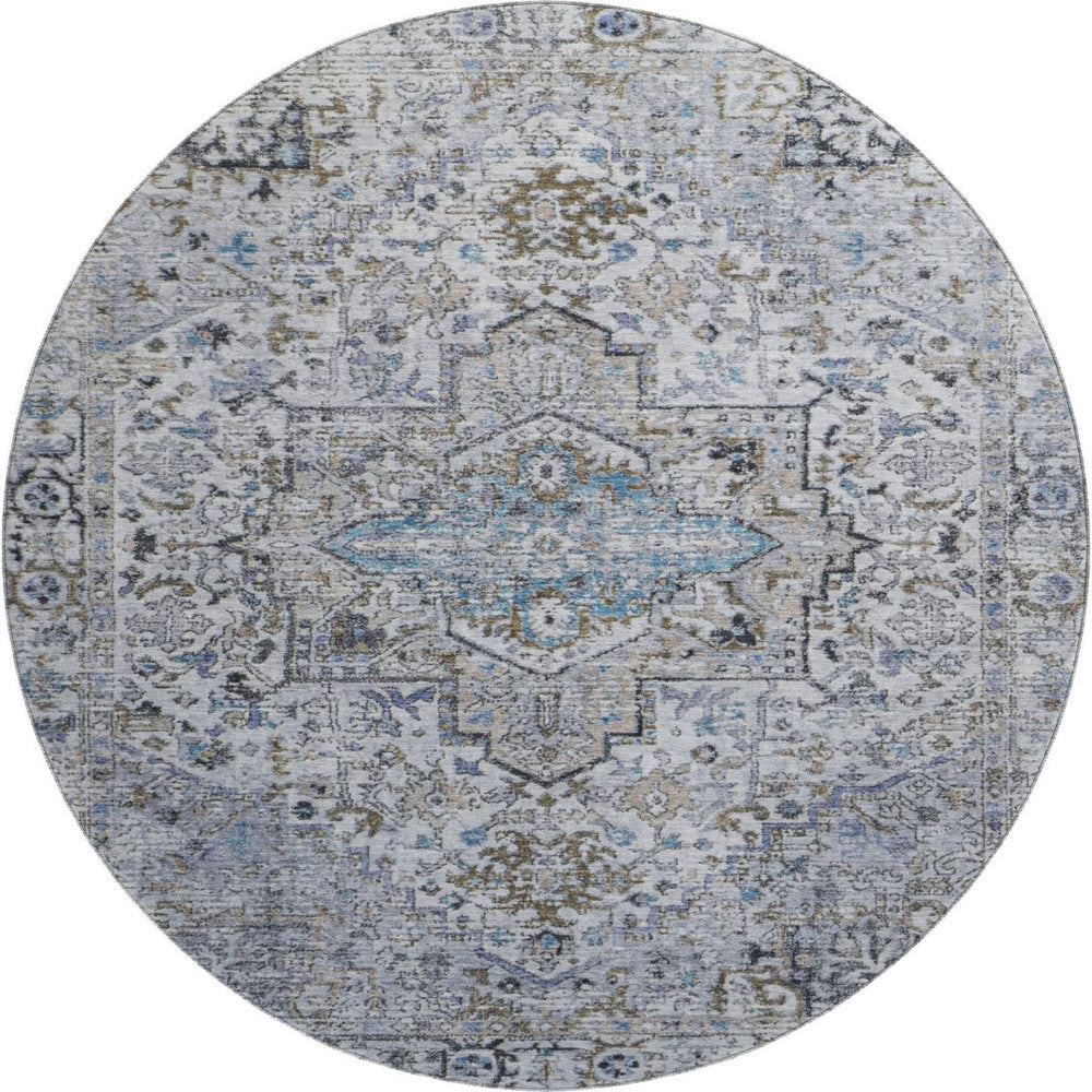 HomeRoots 8' Linen and Blue Oriental Round Rug - Washable, UV Protected, Stylish & Durable for Busy Homes 700742