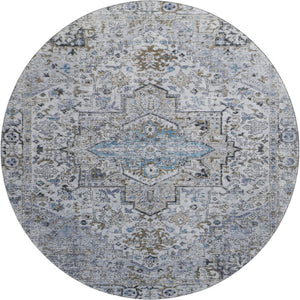 HomeRoots 8' Linen and Blue Oriental Round Rug - Washable, UV Protected, Stylish & Durable for Busy Homes 700742