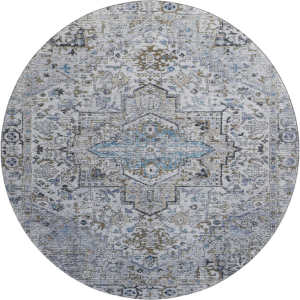 HomeRoots 8' Linen and Blue Oriental Round Rug - Washable, UV Protected, Stylish & Durable for Busy Homes 700742