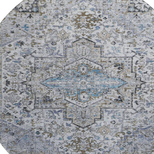 HomeRoots 8' Linen and Blue Oriental Round Rug - Washable, UV Protected, Stylish & Durable for Busy Homes 700742