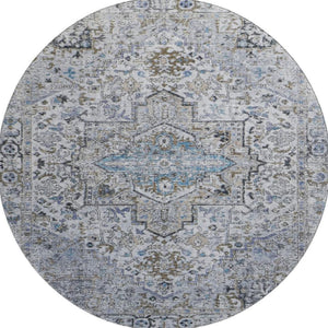 HomeRoots 8' Linen and Blue Oriental Round Rug - Washable, UV Protected, Stylish & Durable for Busy Homes 700742