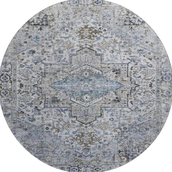 HomeRoots 8' Linen and Blue Oriental Round Rug - Washable, UV Protected, Stylish & Durable for Busy Homes 700742