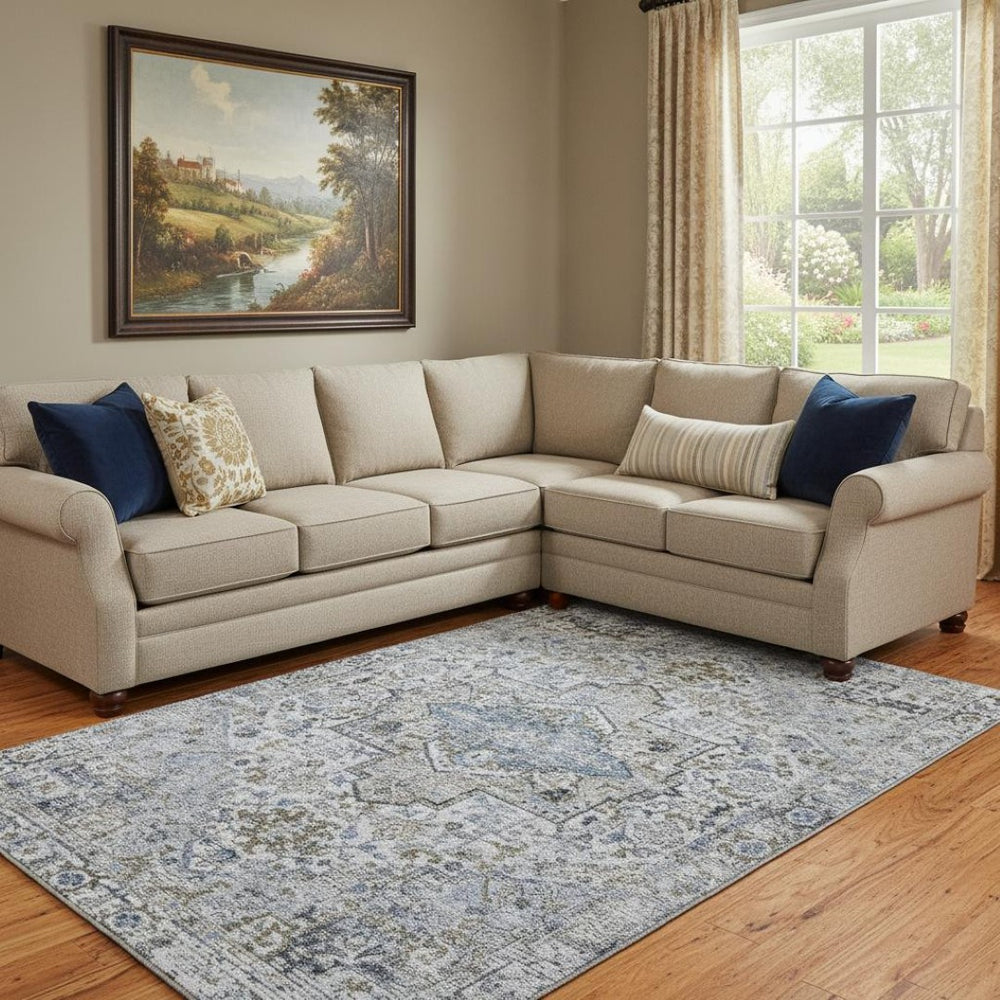 HomeRoots 8' X 10' Elegant Linen & Blue Oriental Washable Area Rug with UV Protection for Stylish Spaces 700743