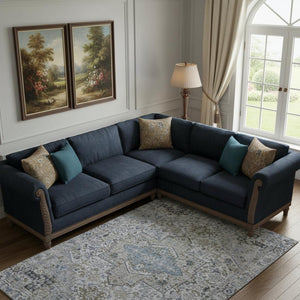 HomeRoots 9' X 12' Linen & Blue Oriental Area Rug - Durable, Washable, UV Protected with Non-Slip Backing 700744
