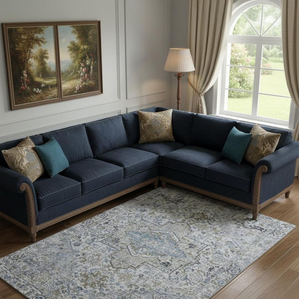 HomeRoots 10' x 14' Linen and Blue Oriental Area Rug - Stain-Resistant, UV Protected, Durable for Busy Homes 700745