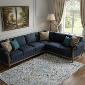 HomeRoots 10' x 14' Linen and Blue Oriental Area Rug - Stain-Resistant, UV Protected, Durable for Busy Homes 700745