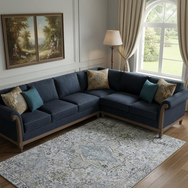 HomeRoots 10' x 14' Linen and Blue Oriental Area Rug - Stain-Resistant, UV Protected, Durable for Busy Homes 700745