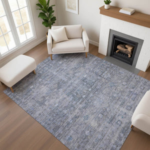 HomeRoots 5' X 8' Blue and Gray Geometric Washable Area Rug with UV Protection for Modern Homes & Patios 700747