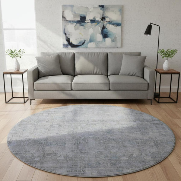 HomeRoots 8' Washable Round Rug in Blue & Gray Geometric Design - UV Protected, Ideal for High-Traffic Areas 700748