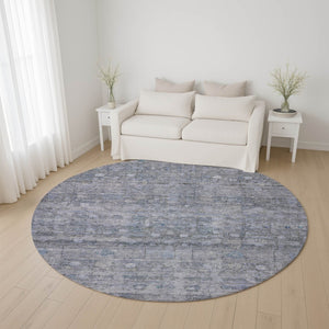HomeRoots 8' Washable Round Rug in Blue & Gray Geometric Design - UV Protected, Ideal for High-Traffic Areas 700748