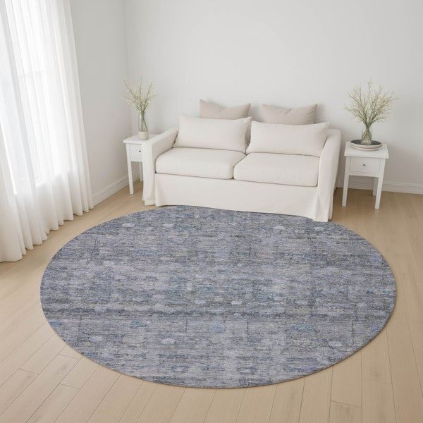 HomeRoots 8' Washable Round Rug in Blue & Gray Geometric Design - UV Protected, Ideal for High-Traffic Areas 700748