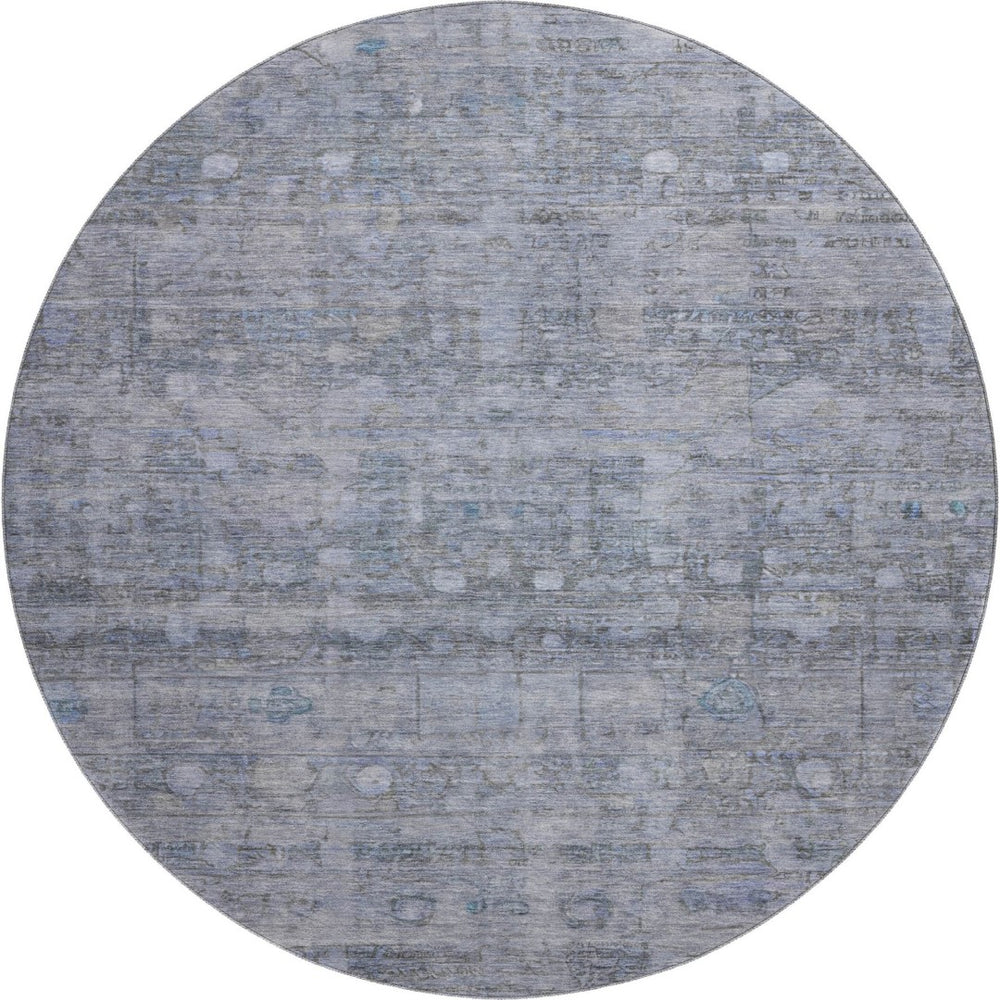 HomeRoots 8' Washable Round Rug in Blue & Gray Geometric Design - UV Protected, Ideal for High-Traffic Areas 700748