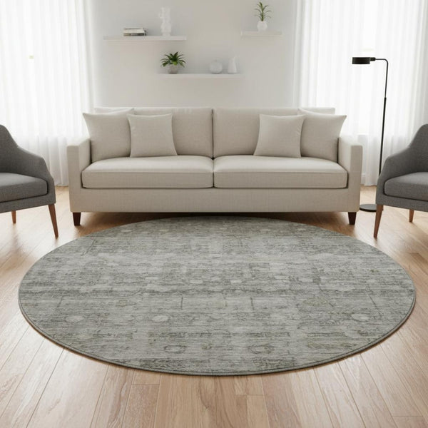 HomeRoots 8' Washable Round Rug in Pewter & Taupe – Stylish Geometric Design with UV Protection & Easy Care 700754