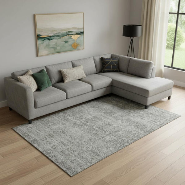 HomeRoots 9' X 12' Stylish Pewter & Taupe Geometric Washable Area Rug - UV Protection for High-Traffic Homes 700756