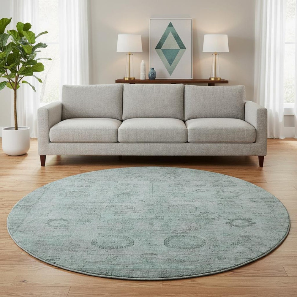HomeRoots 8' Aqua & Gray Oriental Round Rug - Stylish, Durable, UV-Protected for High-Traffic Areas & Homes 700766
