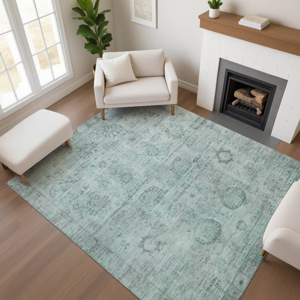 HomeRoots 8' X 10' Aqua and Gray Oriental Area Rug – Stylish, Washable, UV Protected, Stain-Resistant Design 700767