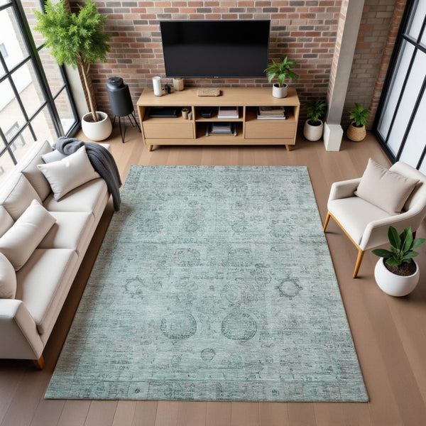 HomeRoots 8' X 10' Aqua and Gray Oriental Area Rug – Stylish, Washable, UV Protected, Stain-Resistant Design 700767