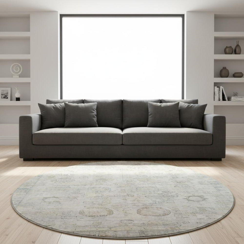 HomeRoots 8' Linen and Beige Oriental Round Rug - Washable, UV Protected, Durable Design for Family Spaces 700772