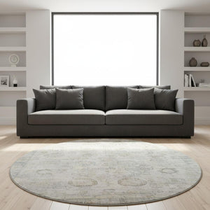 HomeRoots 8' Linen and Beige Oriental Round Rug - Washable, UV Protected, Durable Design for Family Spaces 700772