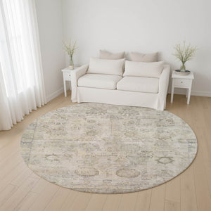 HomeRoots 8' Linen and Beige Oriental Round Rug - Washable, UV Protected, Durable Design for Family Spaces 700772